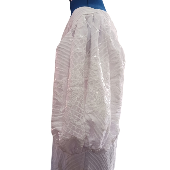 Beaded White Dress Zipper Sequins Puff Sleeve SEE MEASUREMENTS - Picture 4 of 15